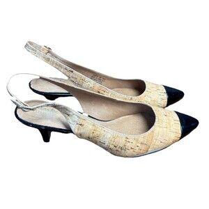 Clarks Artisan Cork Slingback Heels Black Patent Leather Cap Toe 8M Comfort